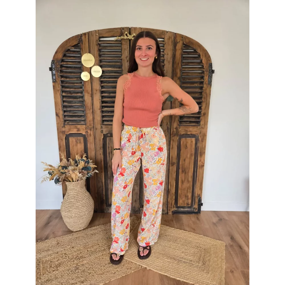 Pantalon fluide Cesar fleurs jaune et rose