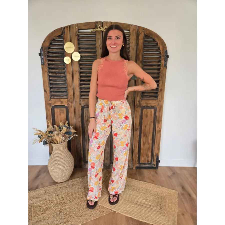Pantalon fluide Cesar fleurs jaune et rose