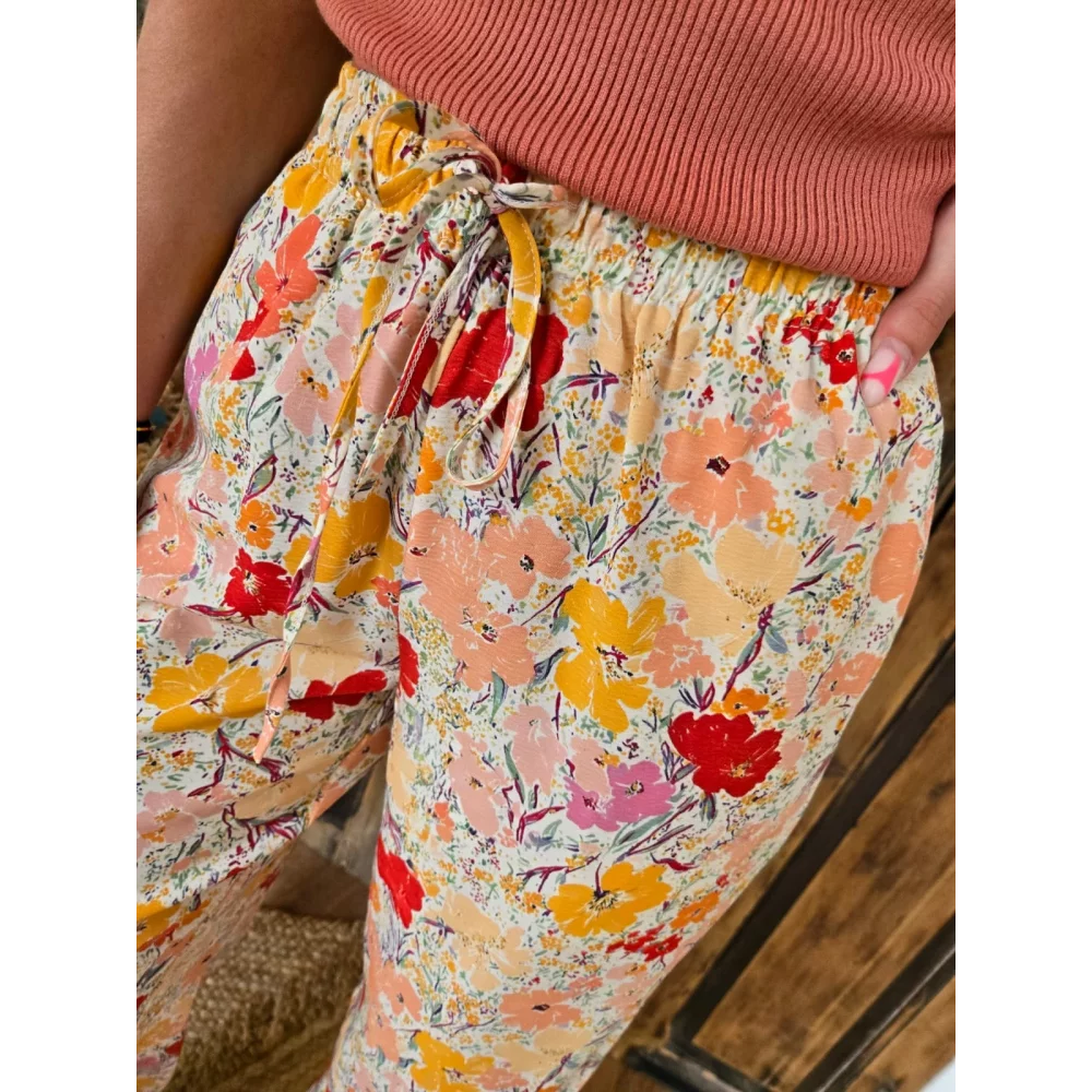 Pantalon fluide Cesar fleurs jaune et rose