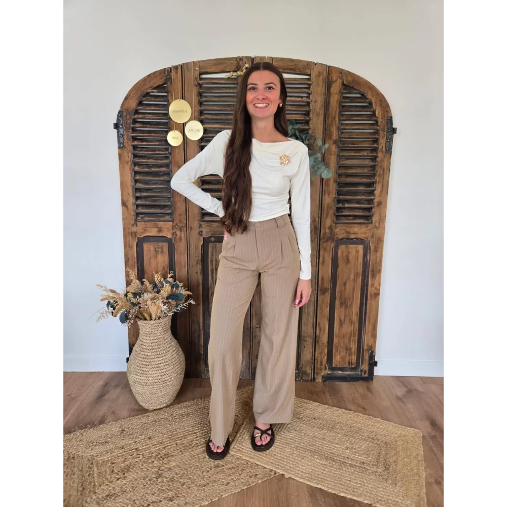 Pantalon tailleur Etienne camel fines rayures
