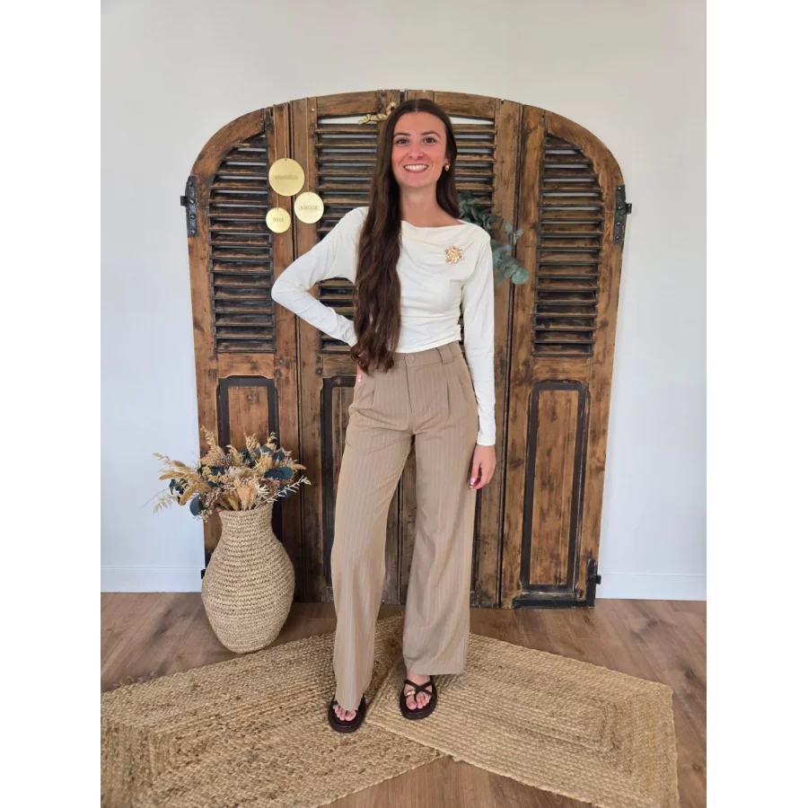 Pantalon tailleur Etienne camel fines rayures