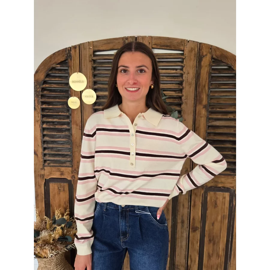 Pull fin Eloi rose et ecru col polo
