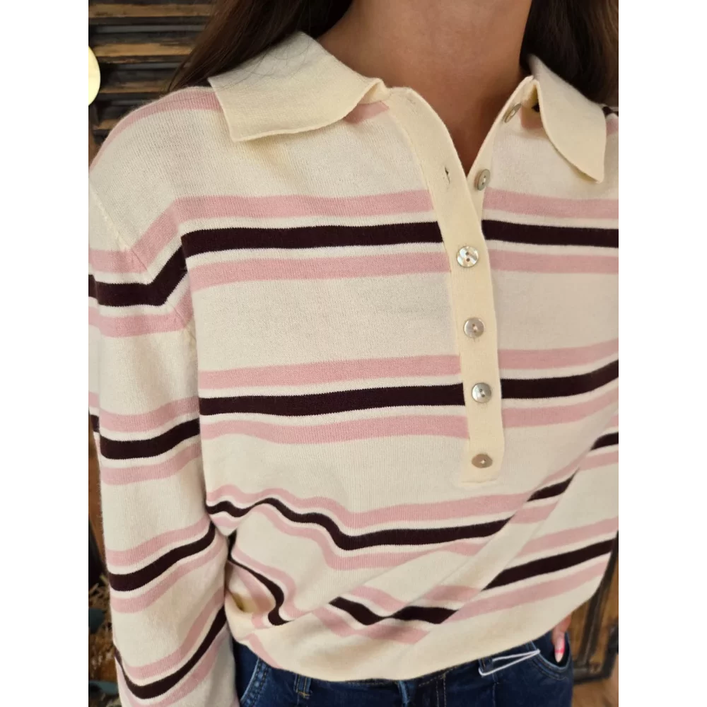 Pull fin Eloi rose et ecru col polo