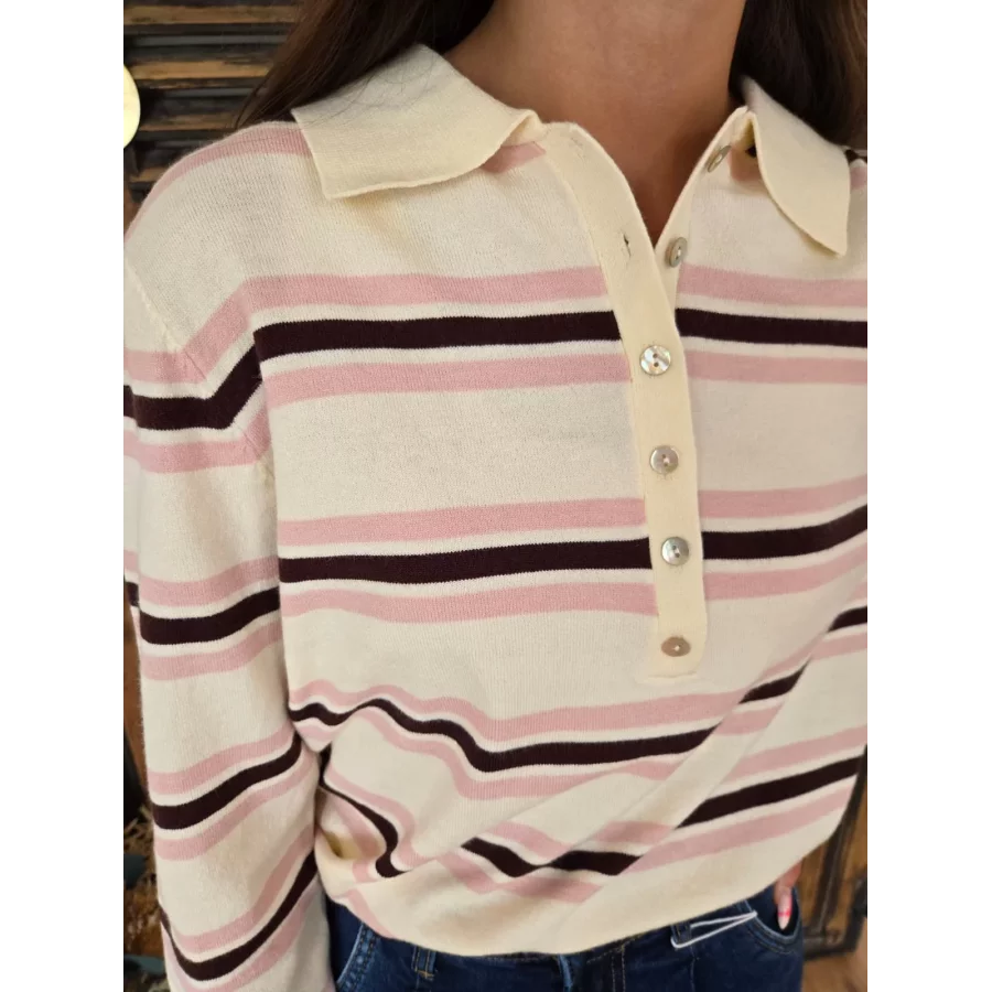 Pull fin Eloi rose et ecru col polo