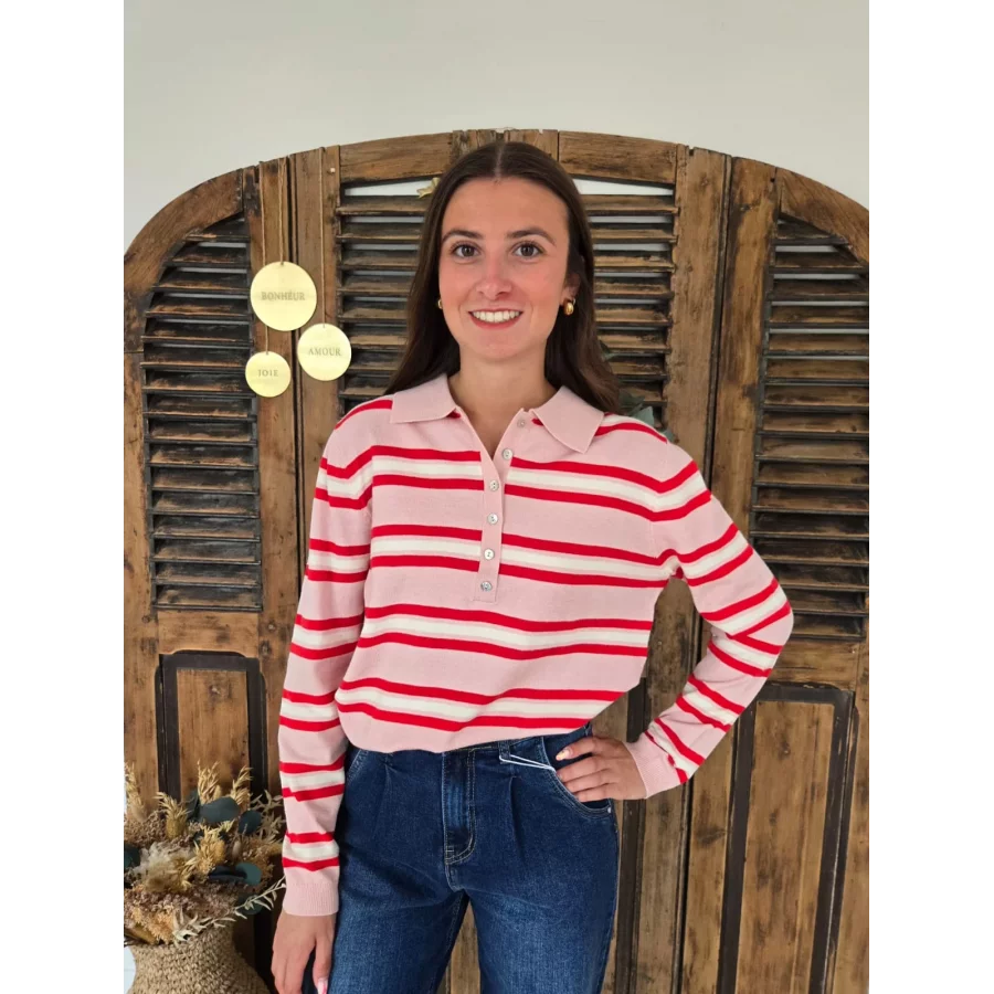 Pull fin Eloi rose et rouge col polo