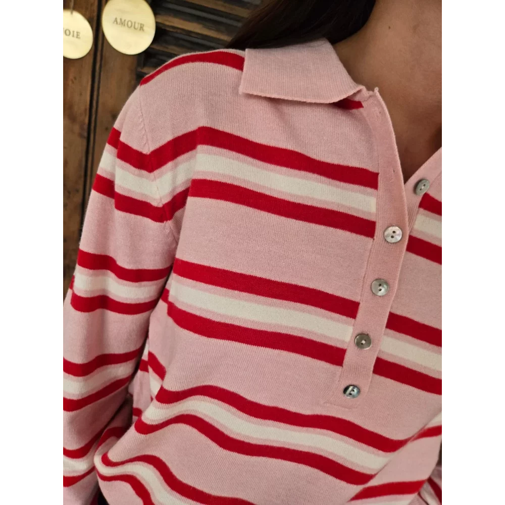 Pull fin Eloi rose et rouge col polo