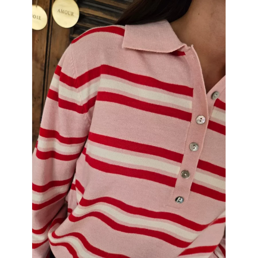 Pull fin Eloi rose et rouge col polo