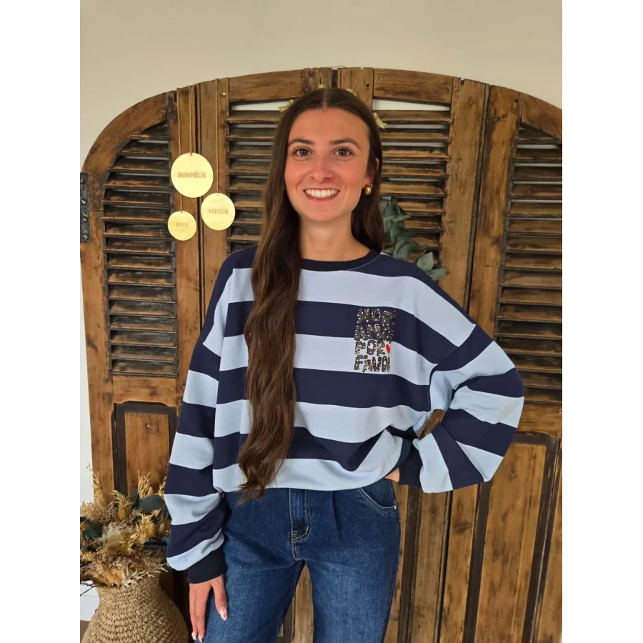 Sweat rayé ciel et marine More Amor Por Favor leopard