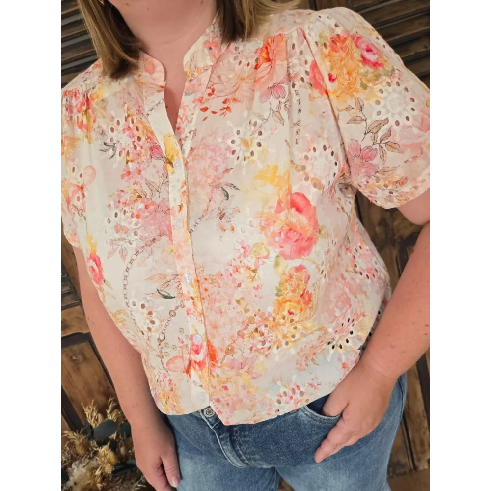 Blouse Melina broderie anglaise et fleurs corail