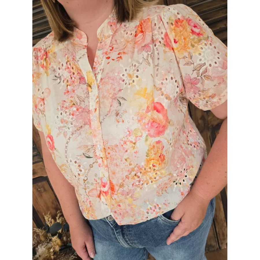 Blouse Melina broderie anglaise et fleurs corail