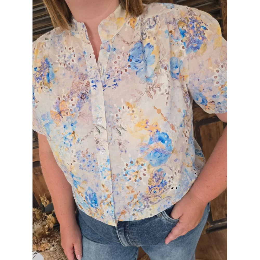 Blouse Melina broderie anglaise et fleurs bleu
