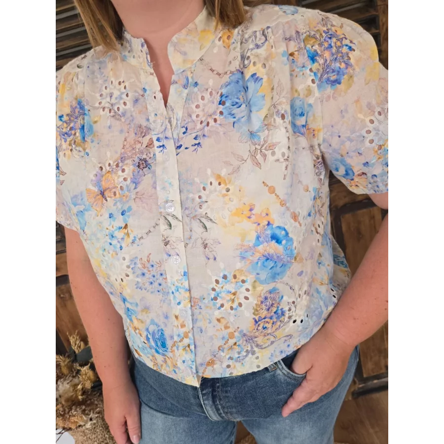 Blouse Melina broderie anglaise et fleurs bleu
