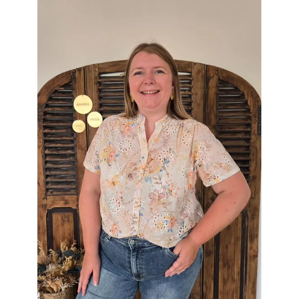 Blouse Melina broderie anglaise et fleurs rose pale