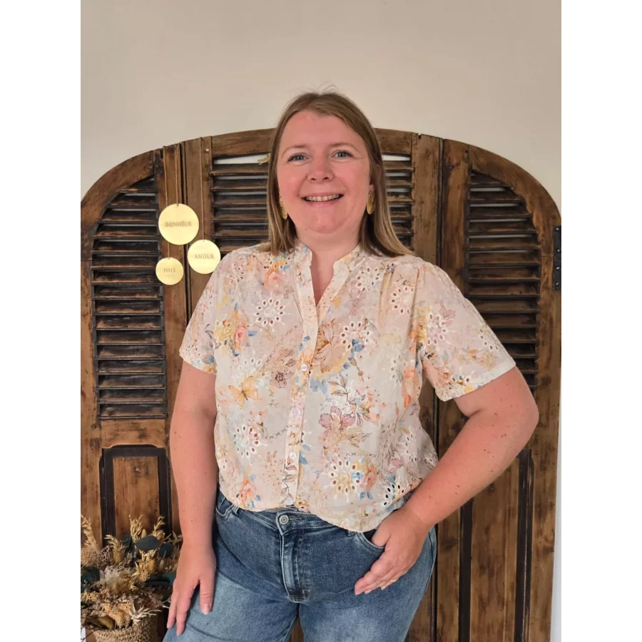 Blouse Melina broderie anglaise et fleurs rose pale