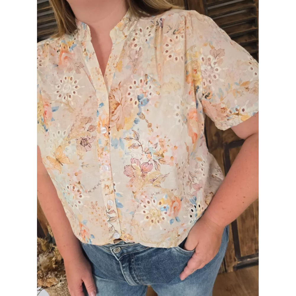 Blouse Melina broderie anglaise et fleurs rose pale