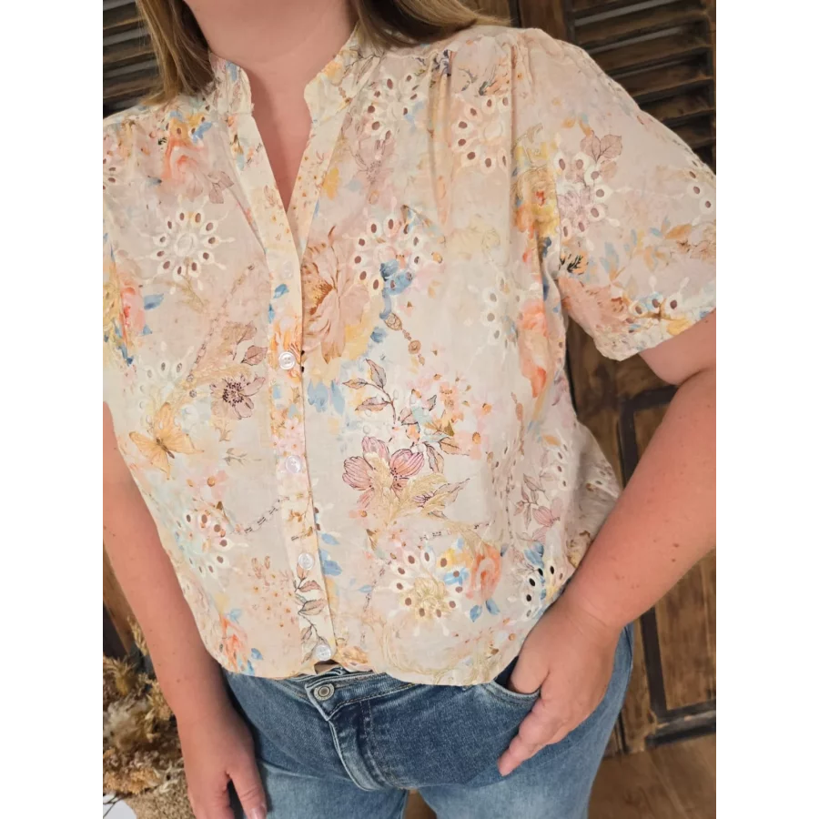 Blouse Melina broderie anglaise et fleurs rose pale