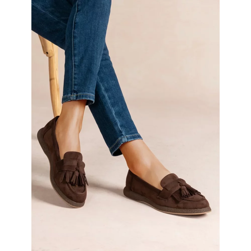 Mocassins choco franges et glands suedine