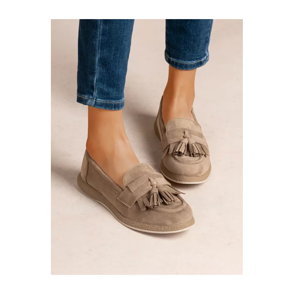 Mocassins taupe franges et glands suedine