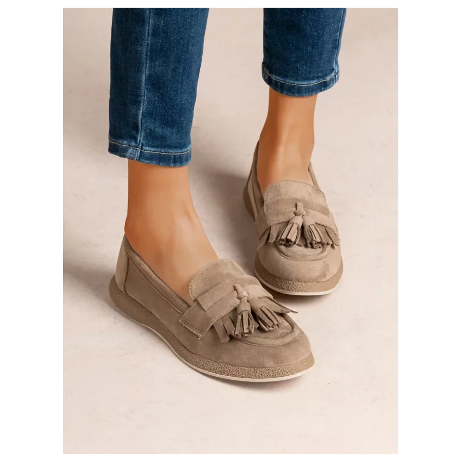Mocassins taupe franges et glands suedine