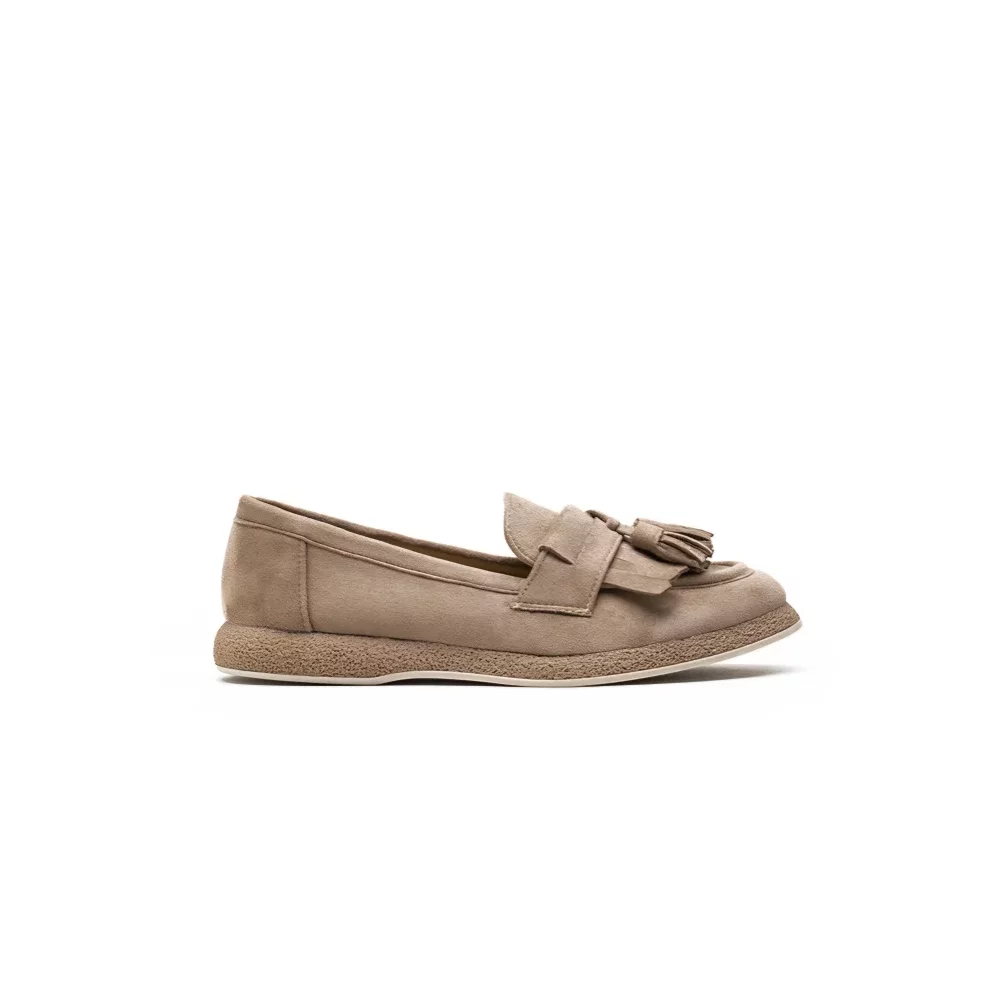 Mocassins taupe franges et glands suedine