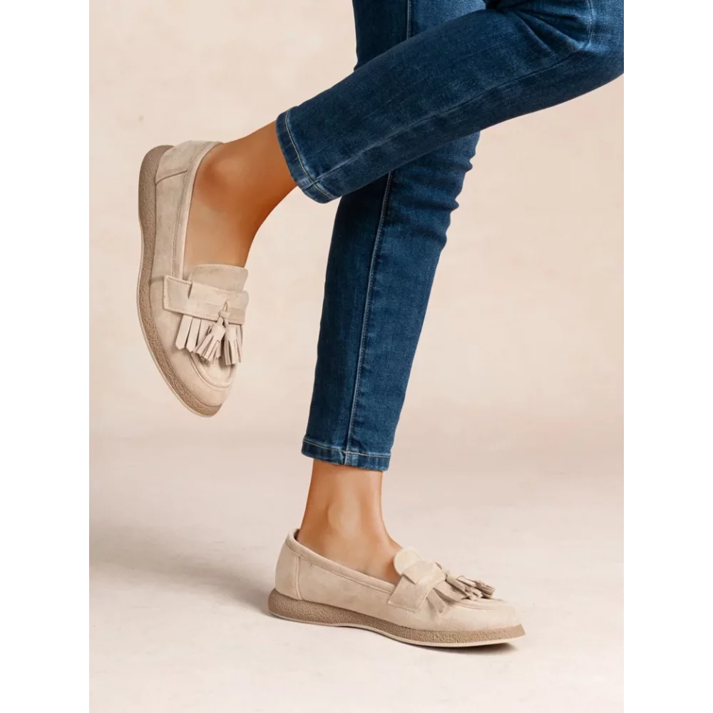 Mocassins beige franges et glands suedine