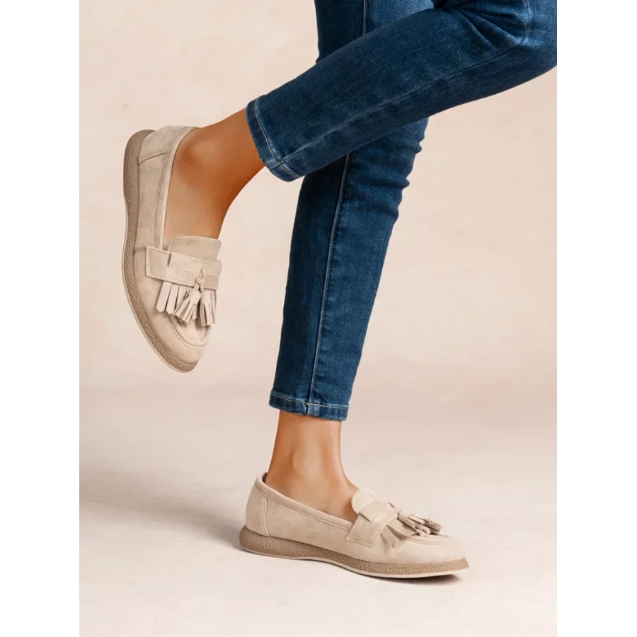Mocassins beige franges et glands suedine