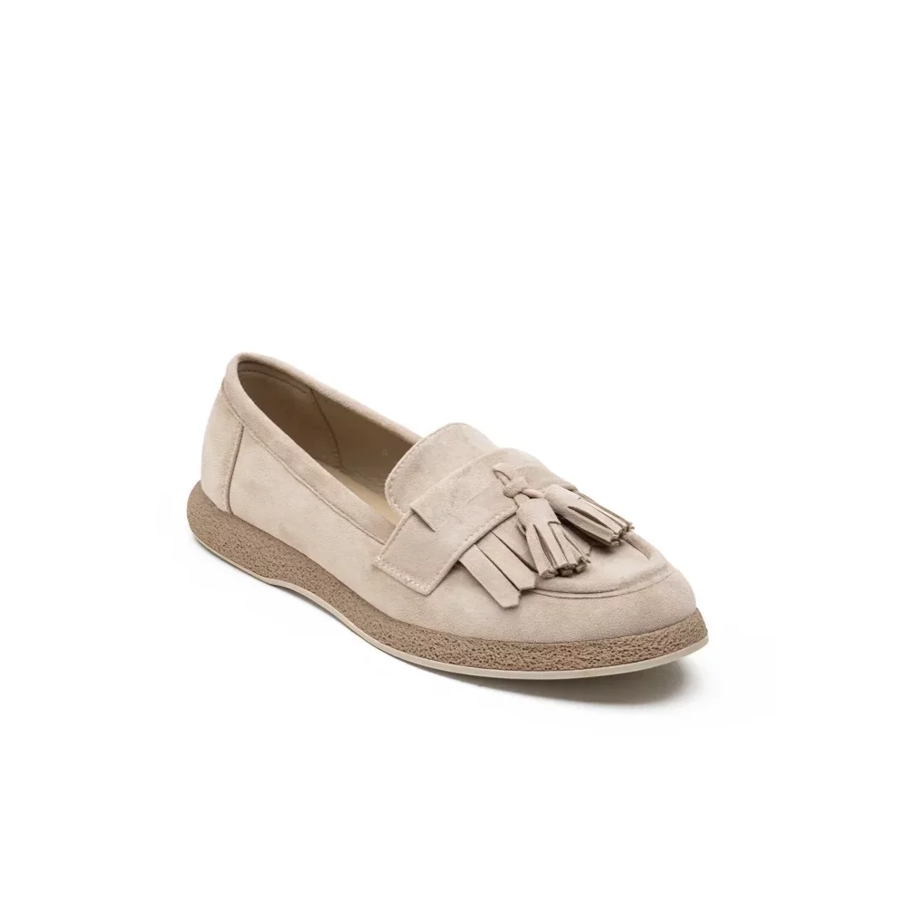 Mocassins beige franges et glands suedine