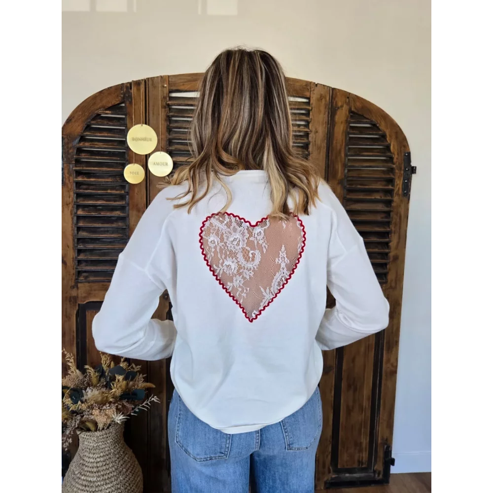 Pull fin Nathan blanc coeur dentelle au dos