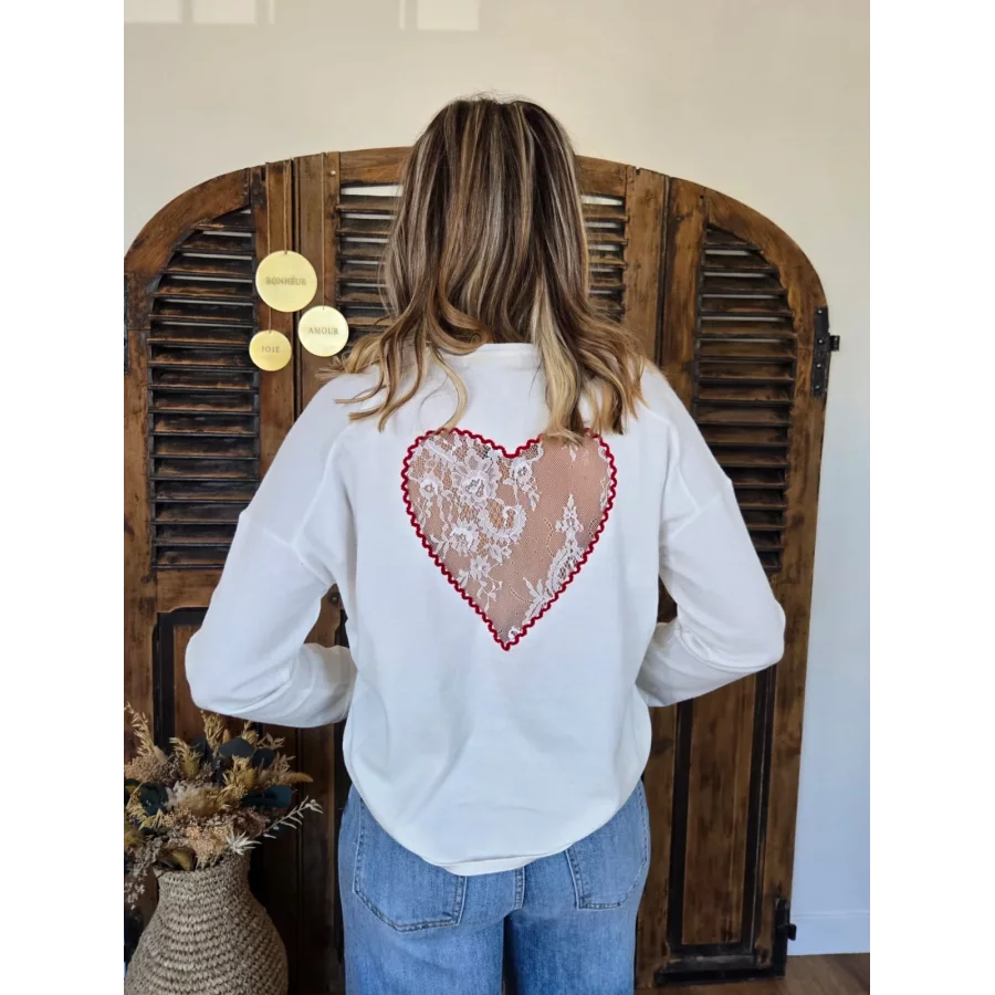 Pull fin Nathan blanc coeur dentelle au dos