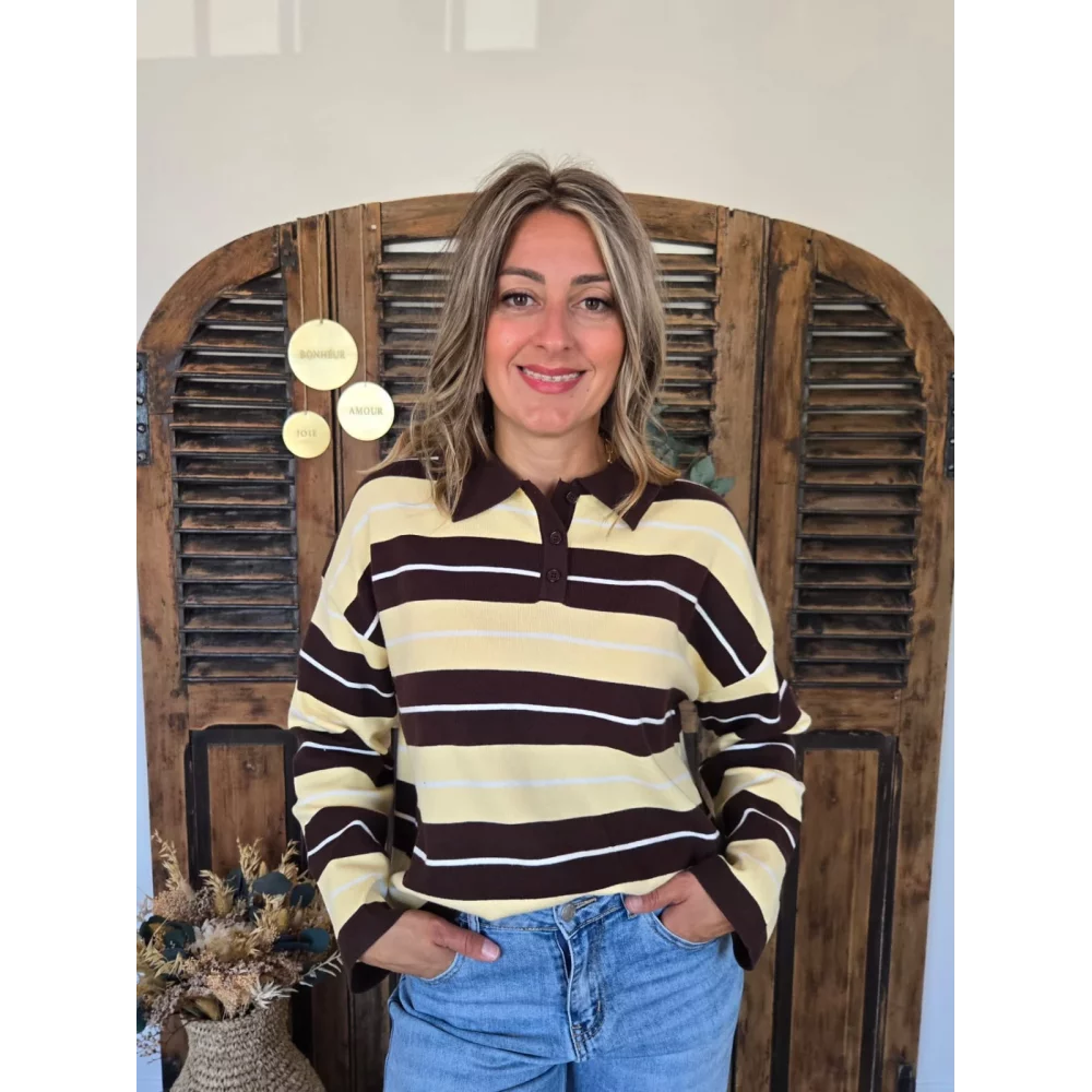 Pull polo fin Morgan  rayé jaune et choco