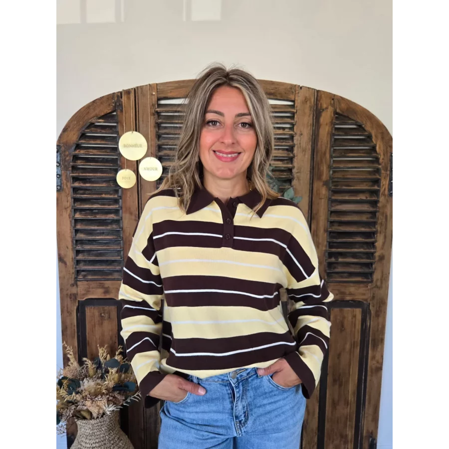 Pull polo fin Morgan  rayé jaune et choco
