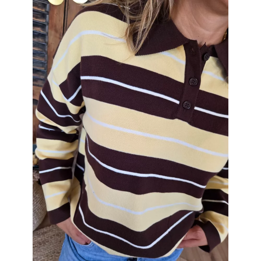 Pull polo fin Morgan  rayé jaune et choco