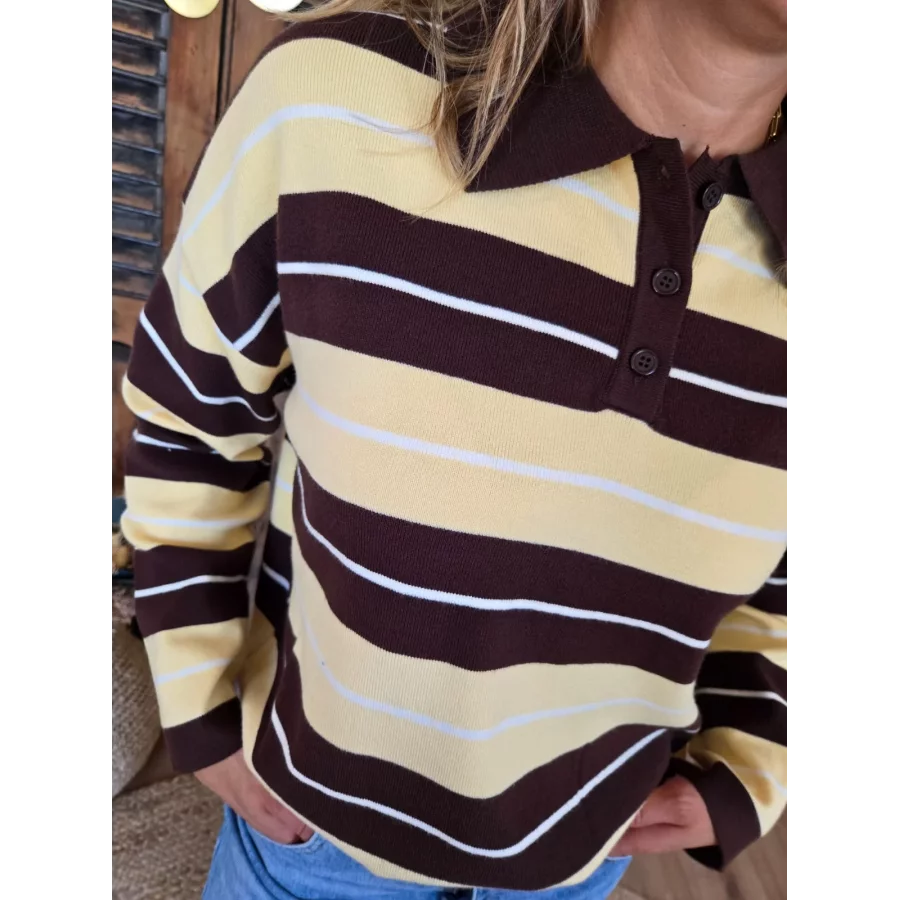 Pull polo fin Morgan  rayé jaune et choco
