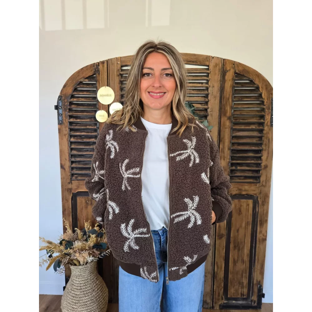 Blouson bouclette marron broderie palmier