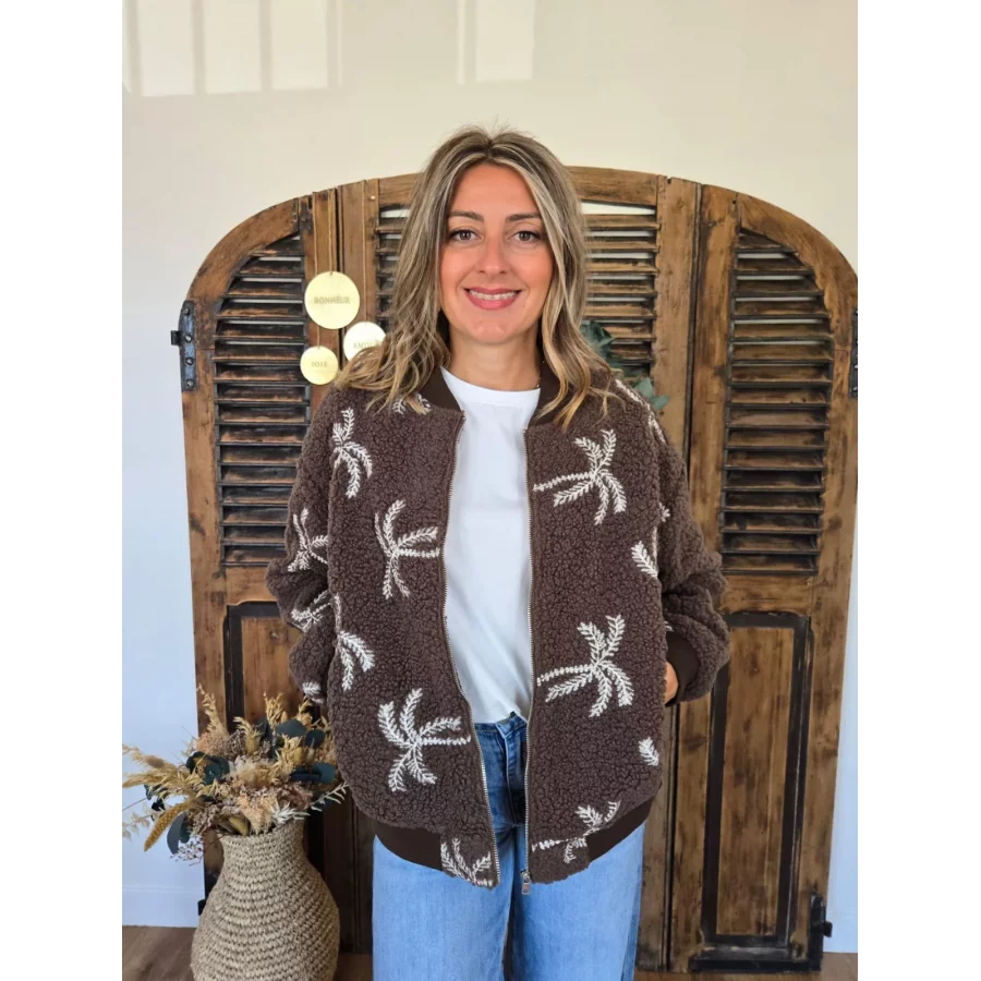 Blouson bouclette marron broderie palmier