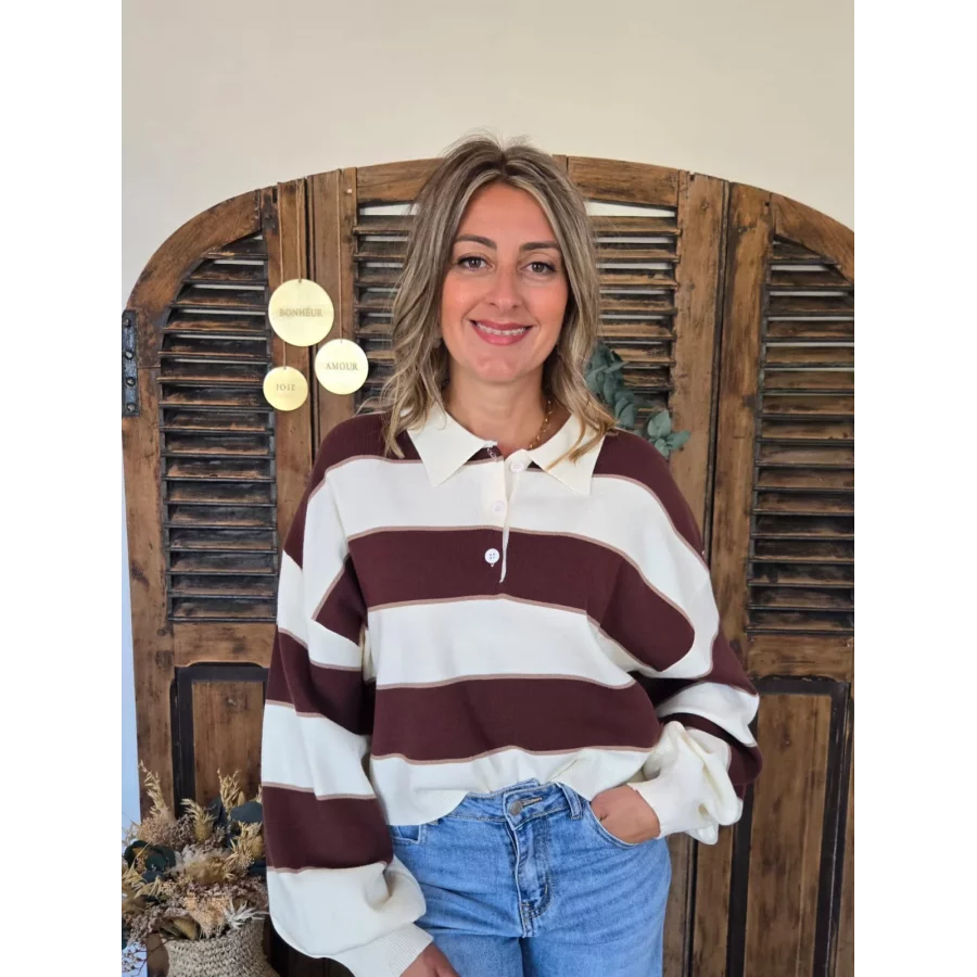 Pull polo Nestor beige et marron