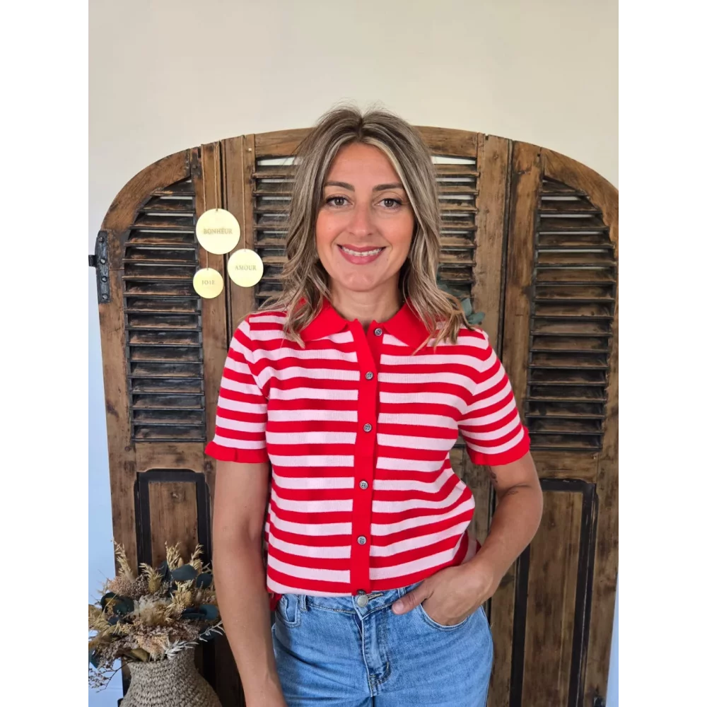 Pull cardigan Michel rouge et rose