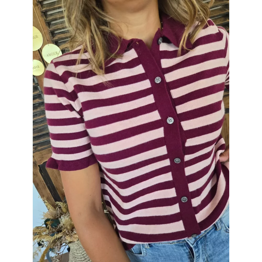Pull cardigan Michel bordeaux et rose