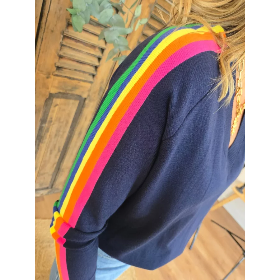 Pull Olivier marine bandes colorées
