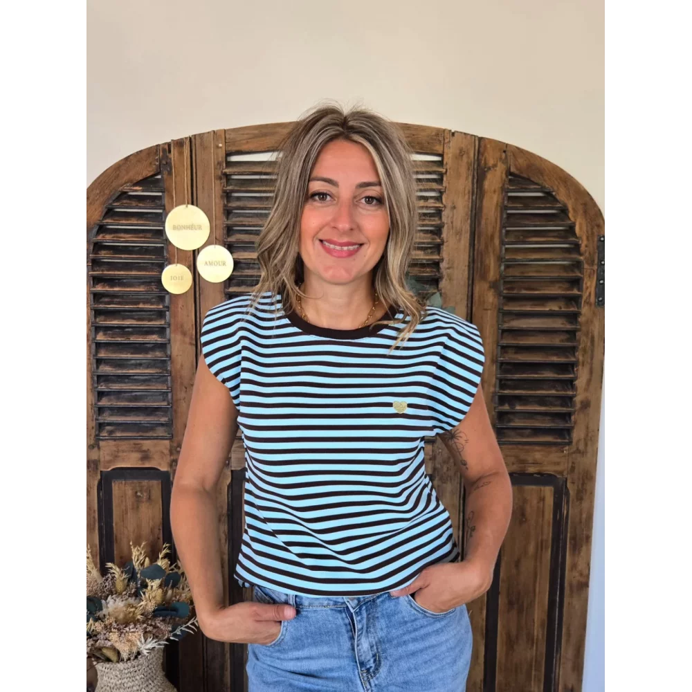 T-shirt Laurent rayé ciel et choco coeur doré