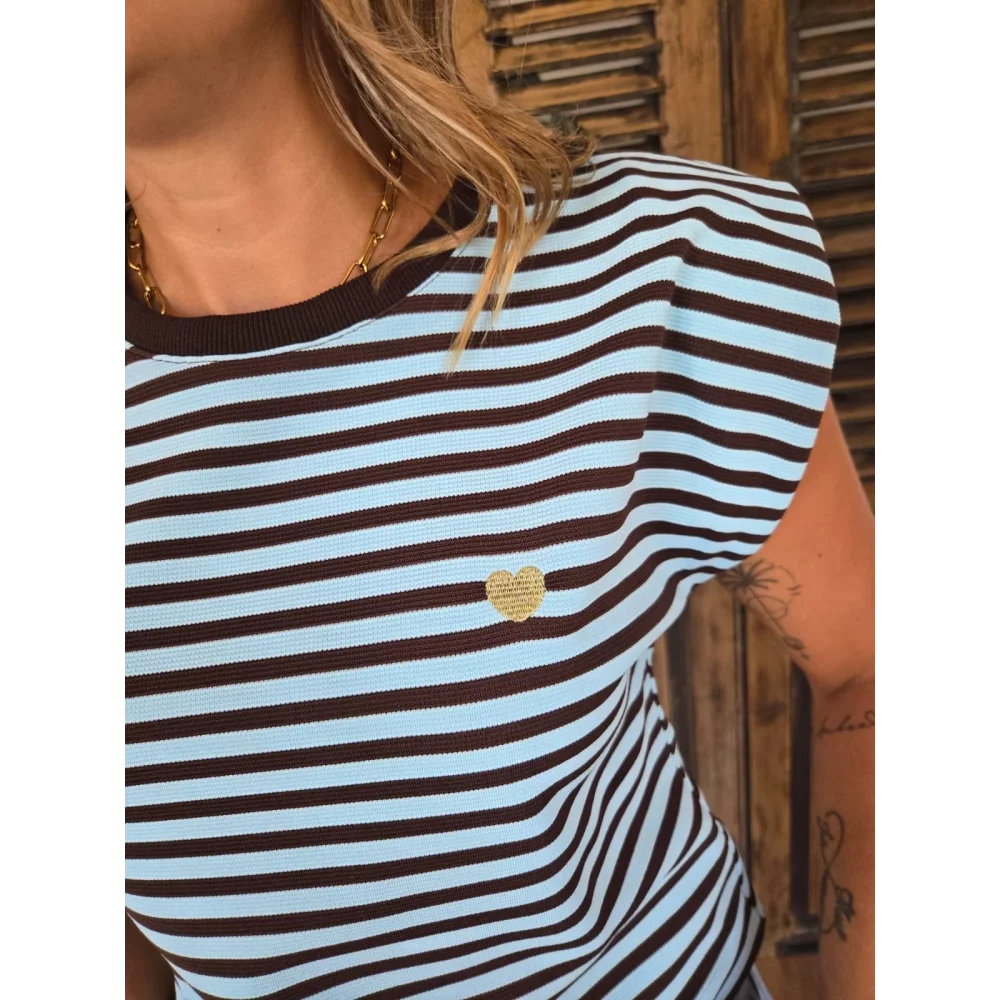 T-shirt Laurent rayé ciel et choco coeur doré