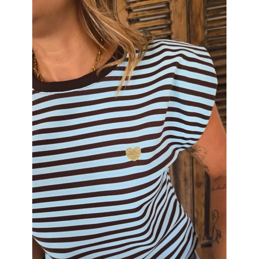 T-shirt Laurent rayé ciel et choco coeur doré