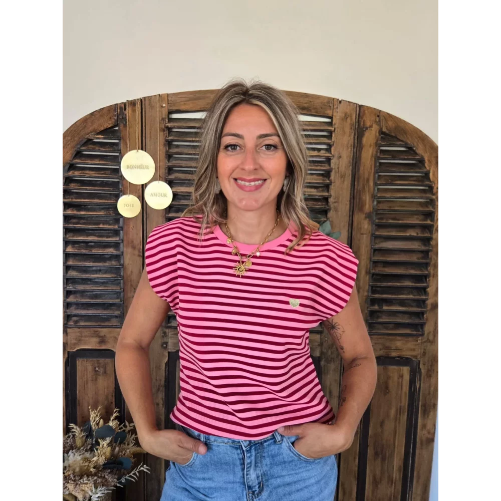 T-shirt Laurent rayé rose et rouge coeur doré
