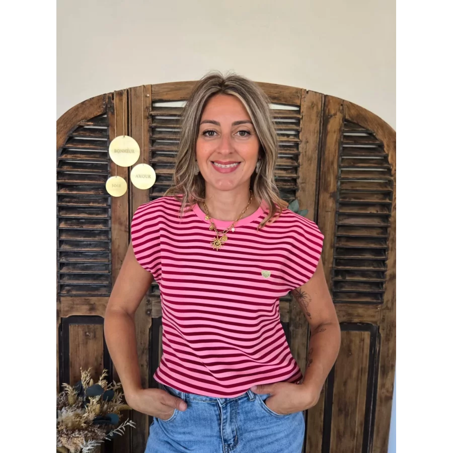 T-shirt Laurent rayé rose et rouge coeur doré