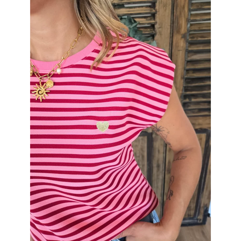 T-shirt Laurent rayé rose et rouge coeur doré