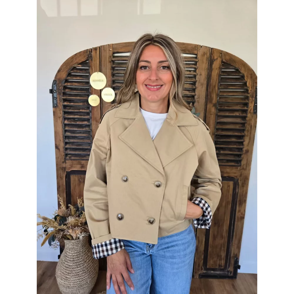 Trench beige Cathy revers ecossais