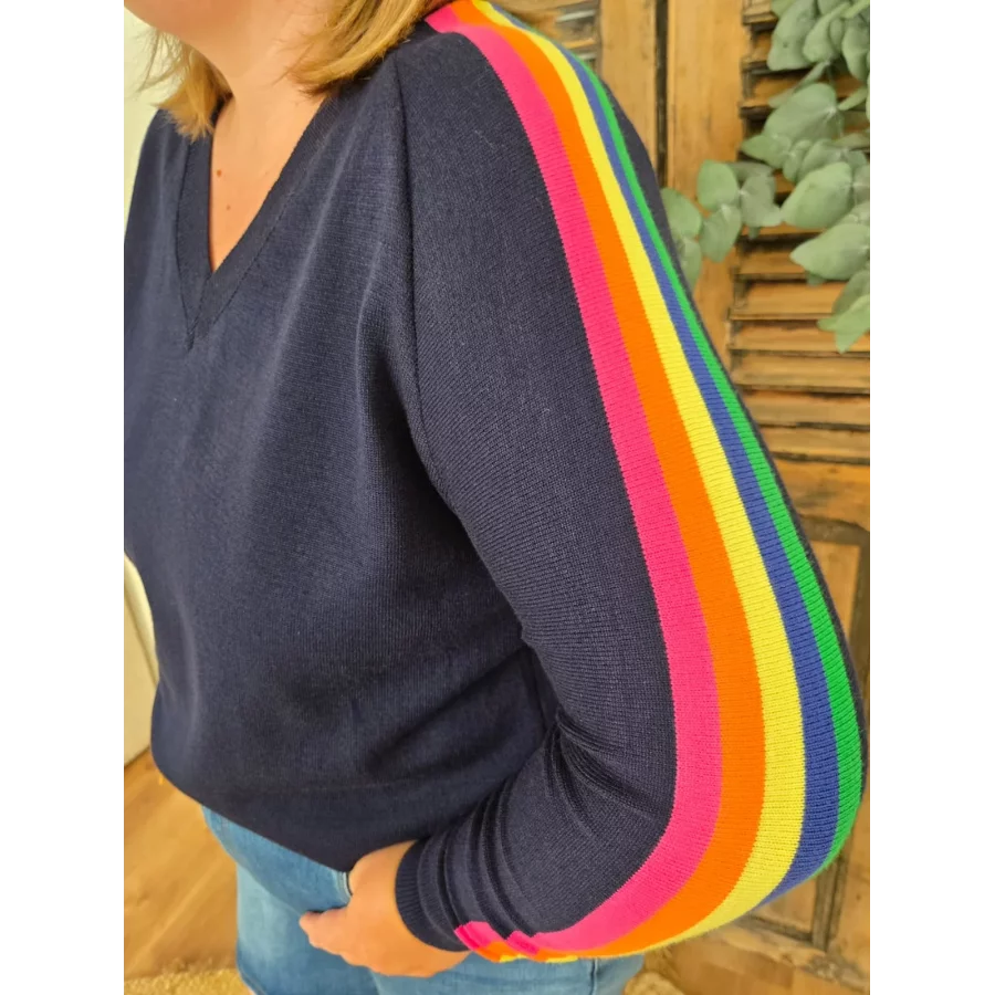 Pull Olivier marine bandes colorées