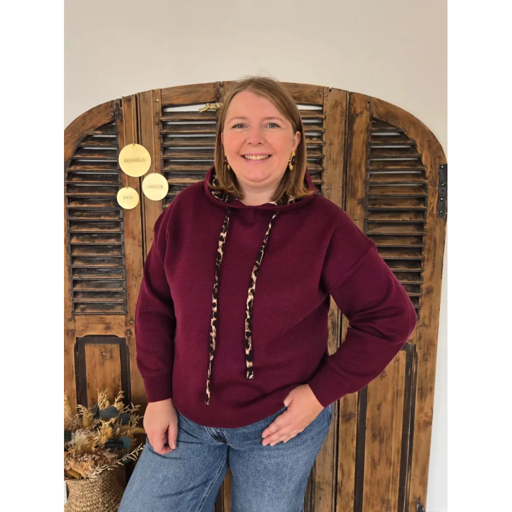 Pull Pierre maille bordeaux et leopard