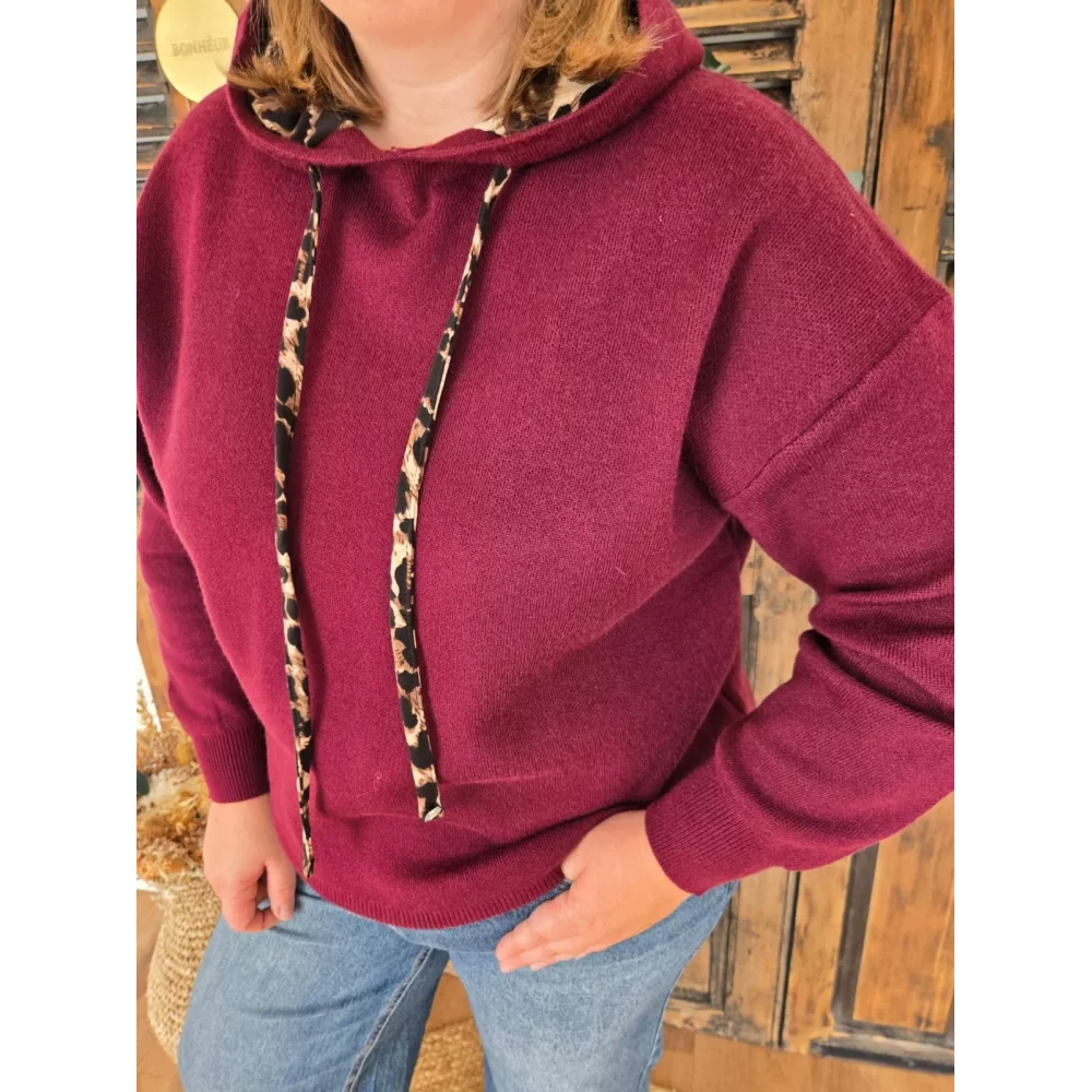 Pull Pierre maille bordeaux et leopard