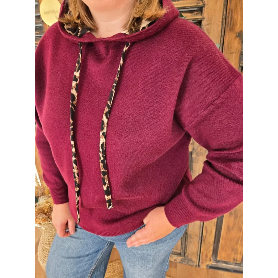 Pull Pierre maille bordeaux et leopard